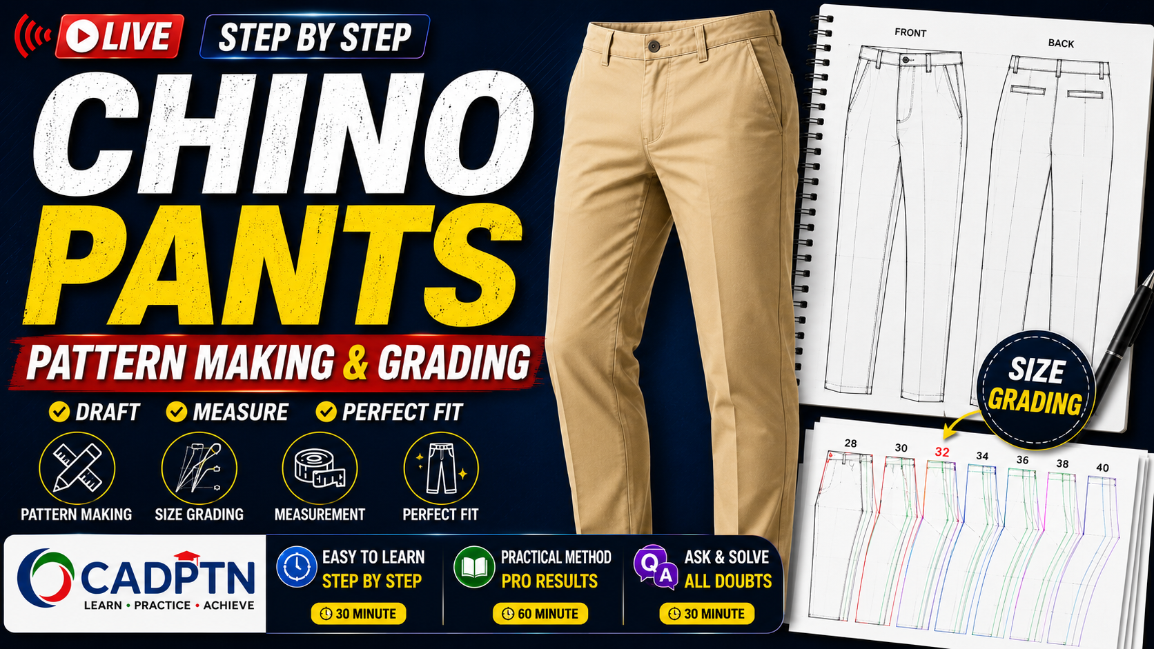 Chino pants pattern making and grading in Gerber CAD software