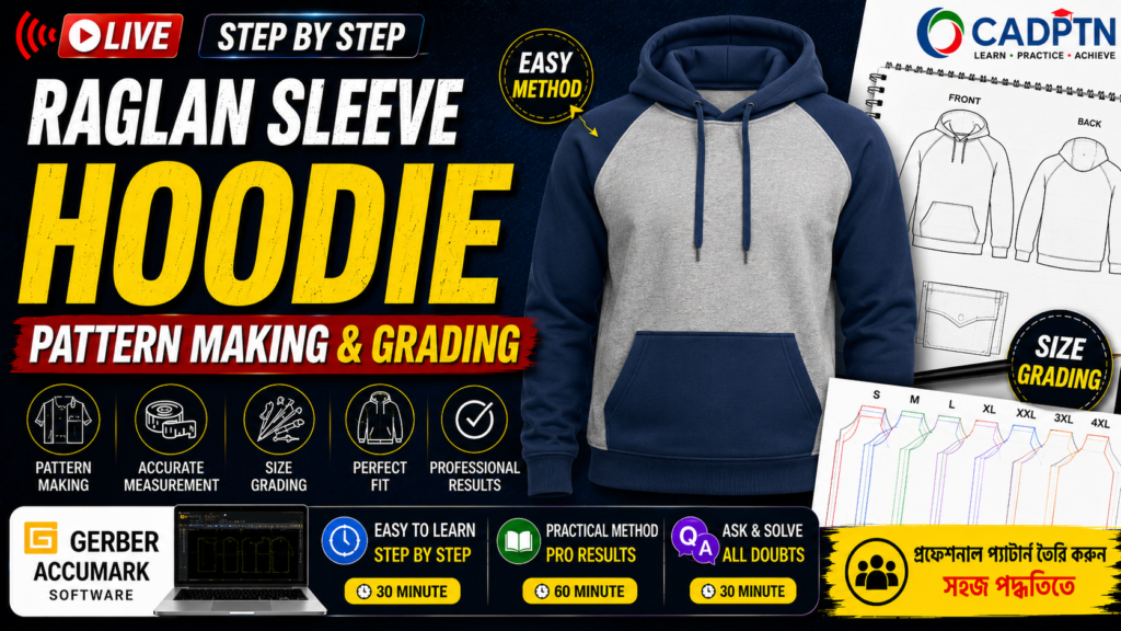 Raglan hoodie pattern making and grading technical diagram showing garment construction, sleeve design, and size scaling process for apparel manufacturing.