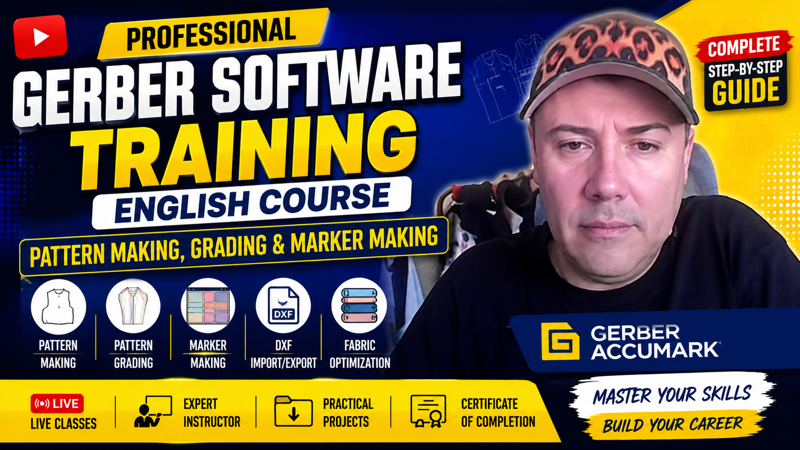Professional Gerber Software Training English Course thumbnail featuring an instructor with Gerber AccuMark, CAD Pattern Making, Pattern Grading, Marker Making, DXF Import Export, and Fabric